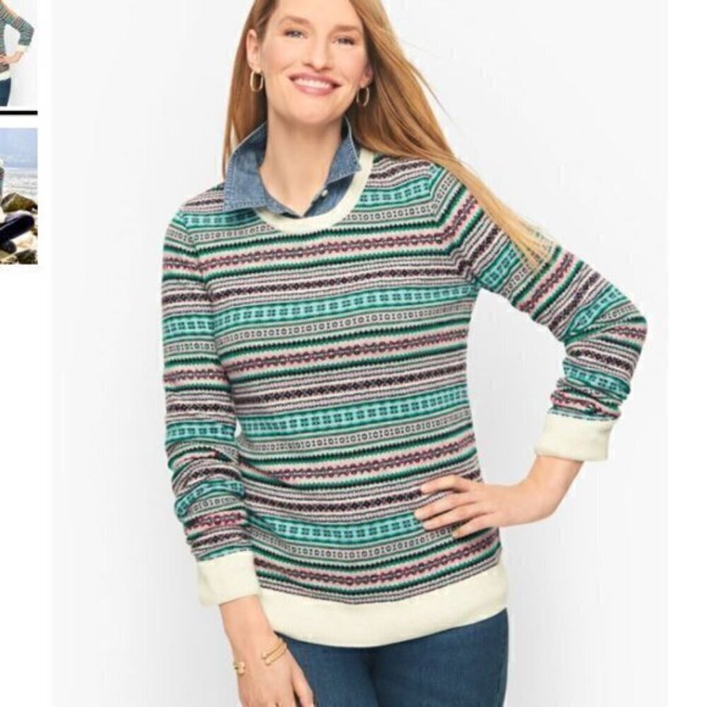 Talbots crewneck sweater womens size petite XL colorful stripe lambs wool blend